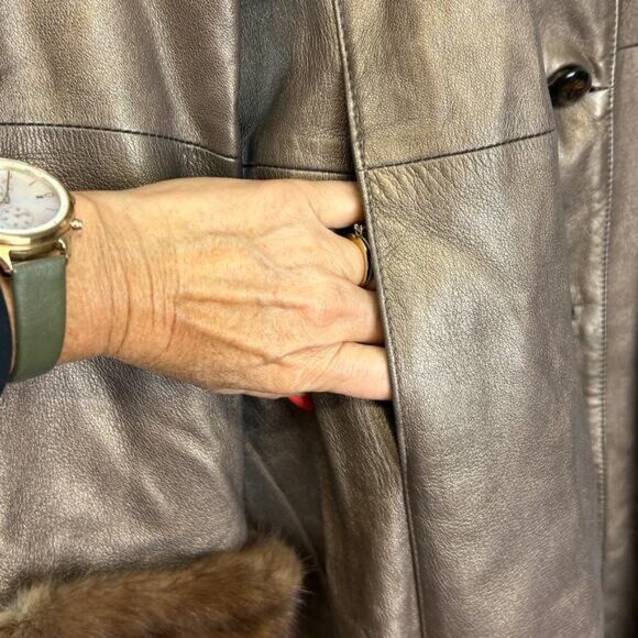 Vintage Dero by Rocco D'Amelio Leather JacketMink Fur collar SwingCoat Trench - Picture 4 of 7